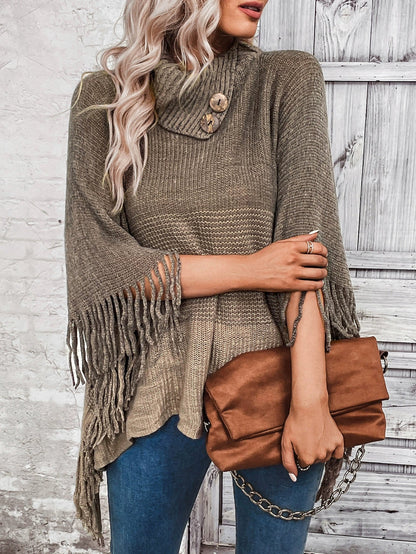 Stylish Womens Oversized Knitted Poncho - Wool Blend with Lapel Neck and Fringe Hem 2