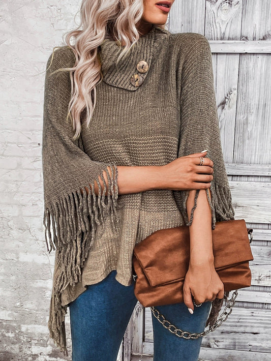 Stylish Womens Oversized Knitted Poncho - Wool Blend with Lapel Neck and Fringe Hem 2