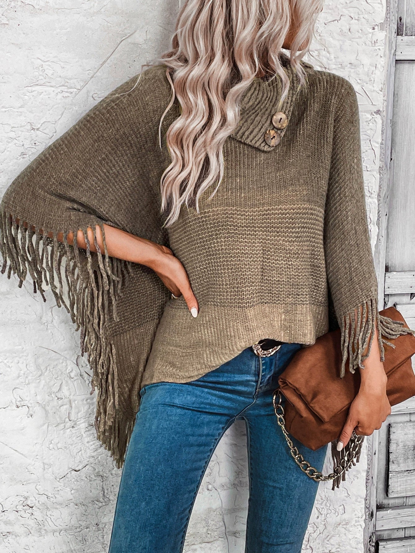Stylish Womens Oversized Knitted Poncho - Wool Blend with Lapel Neck and Fringe Hem 3