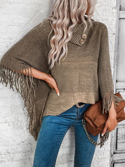 Stylish Womens Oversized Knitted Poncho - Wool Blend with Lapel Neck and Fringe Hem 3