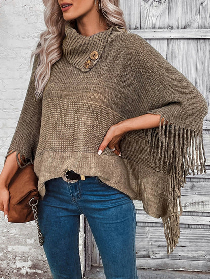 Stylish Womens Oversized Knitted Poncho - Wool Blend with Lapel Neck and Fringe Hem 4