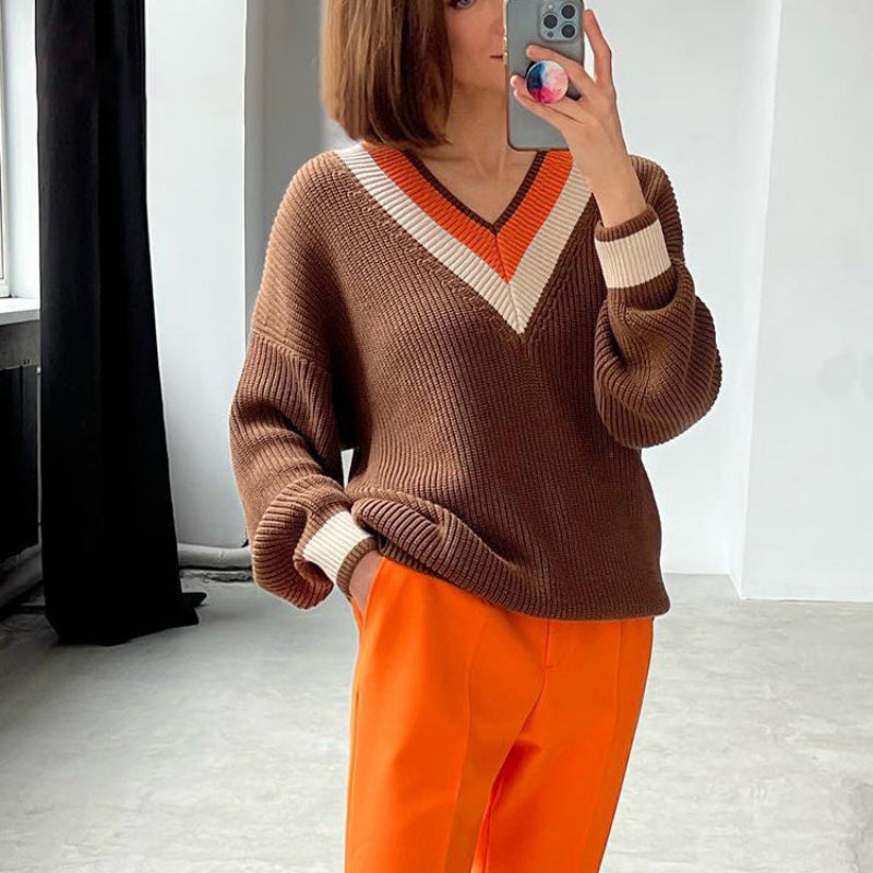 Women's Knitted Striped Pattern V-Neck Oversized Sweaters 4