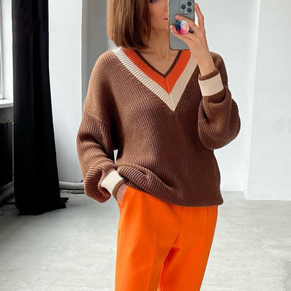 Women's Knitted Striped Pattern V-Neck Oversized Sweaters 4