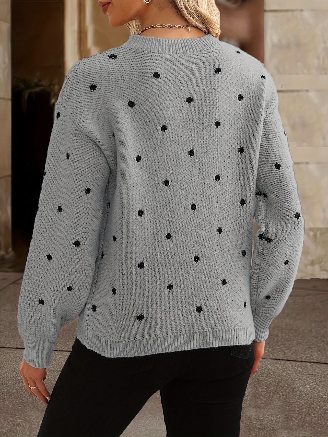 Womens Polka Dot Knitted Sweater - Crew Neck - Long Sleeve Relaxed Fit 3