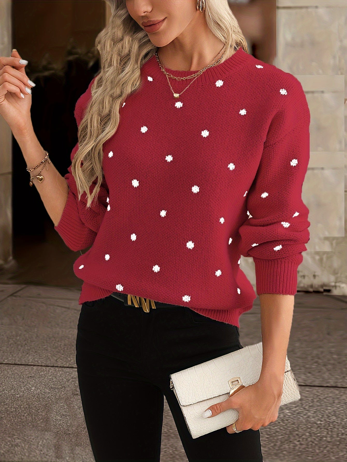 Womens Polka Dot Knitted Sweater - Crew Neck - Long Sleeve Relaxed Fit 5