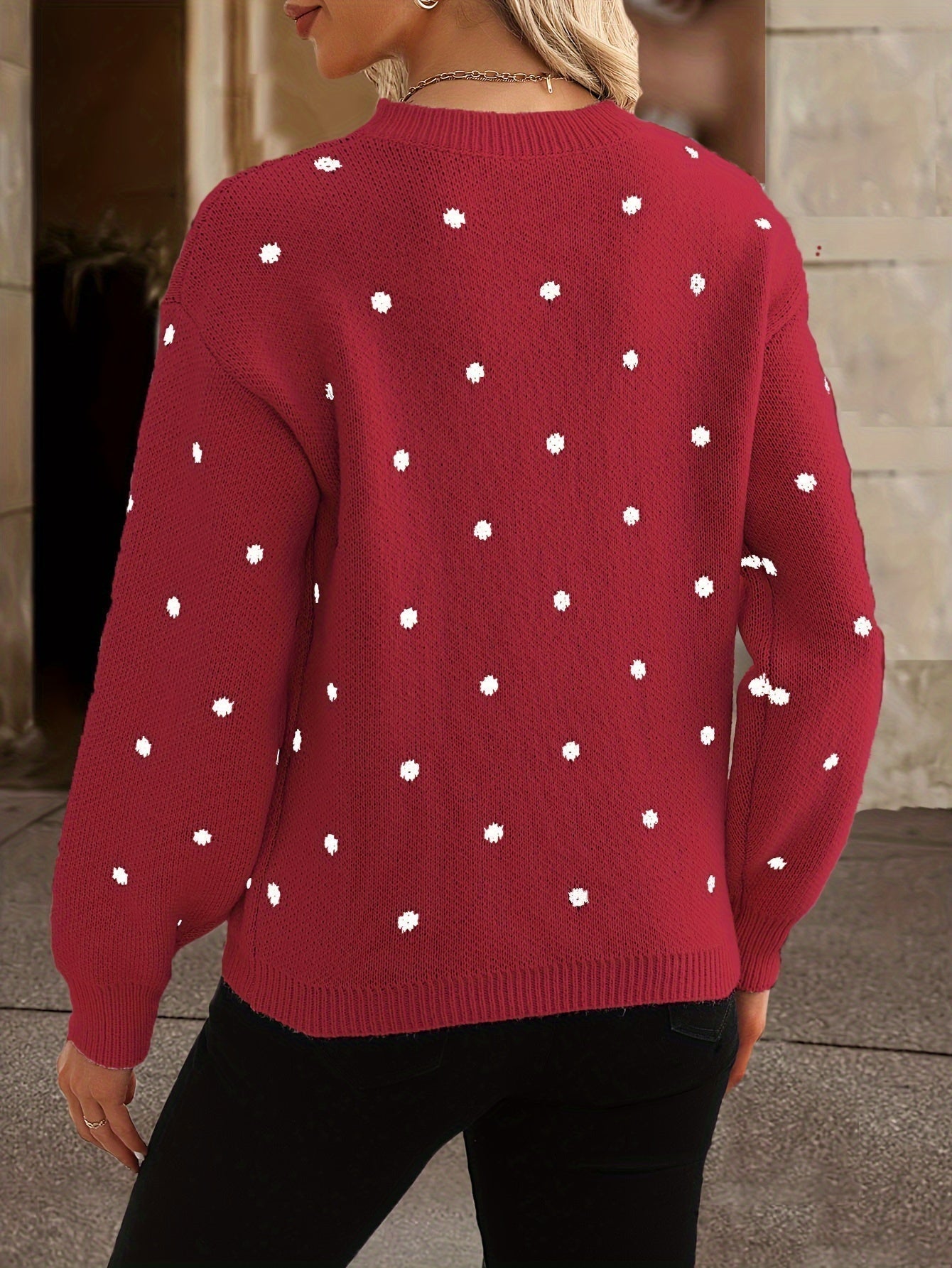 Womens Polka Dot Knitted Sweater - Crew Neck - Long Sleeve Relaxed Fit 8