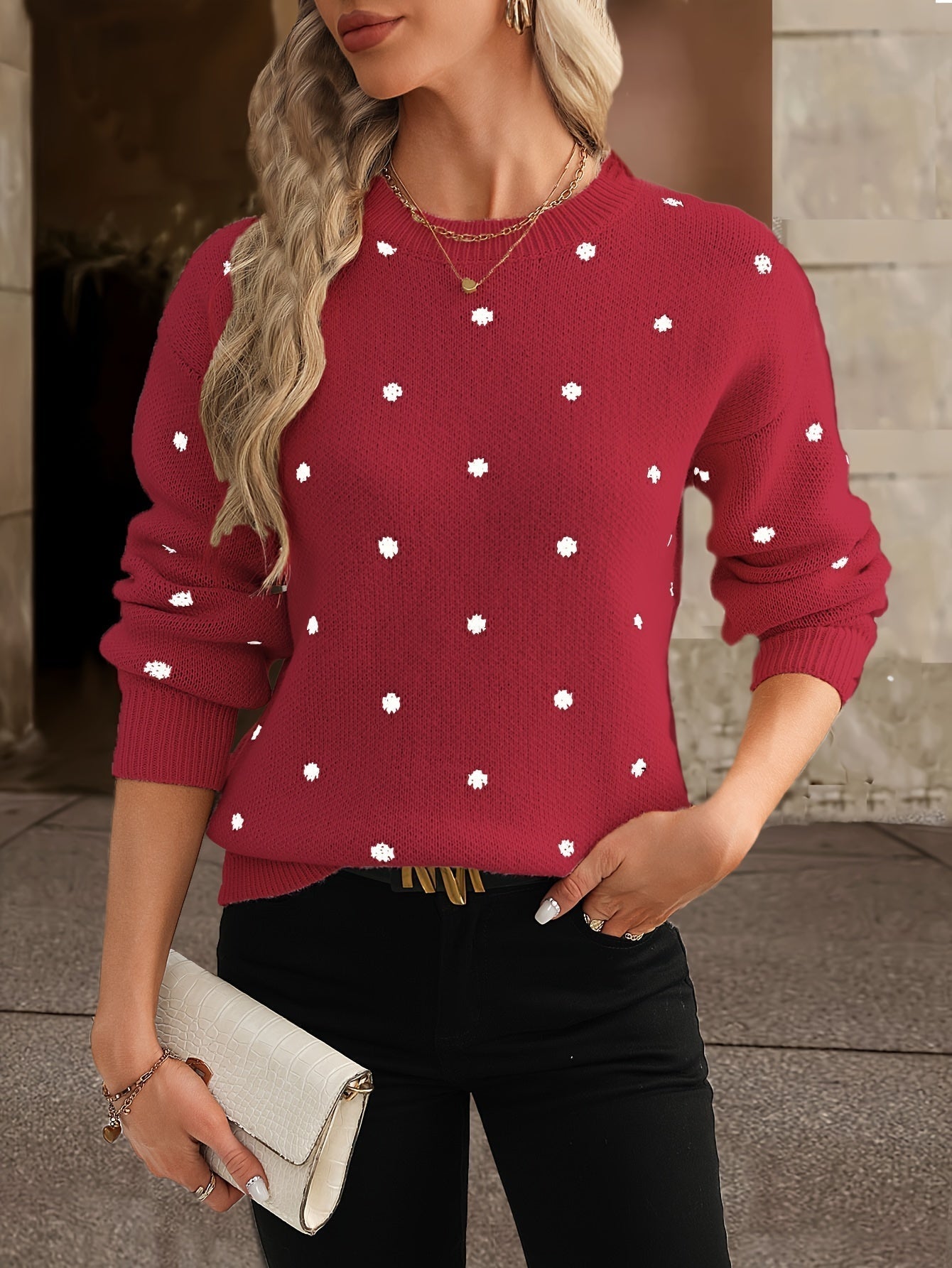 Womens Polka Dot Knitted Sweater - Crew Neck - Long Sleeve Relaxed Fit 9