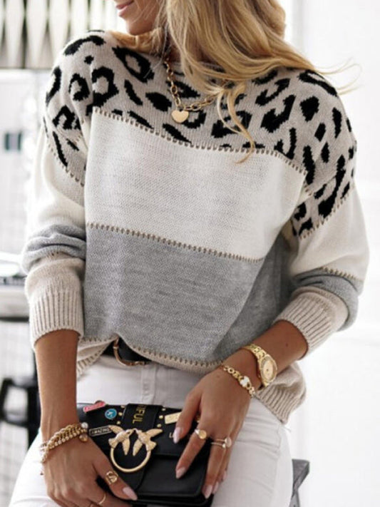 Womens Oversized Leopard Print Striped Sweater - Soft Acrylic Knit Pullover 1
