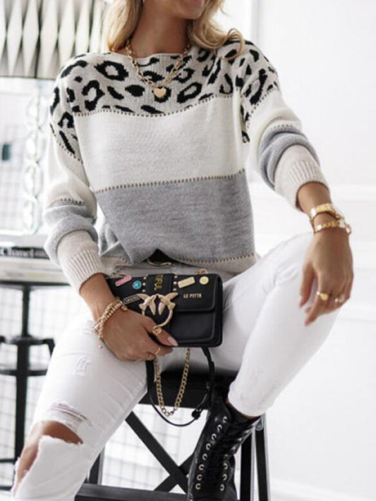 Womens Oversized Leopard Print Striped Sweater - Soft Acrylic Knit Pullover 2