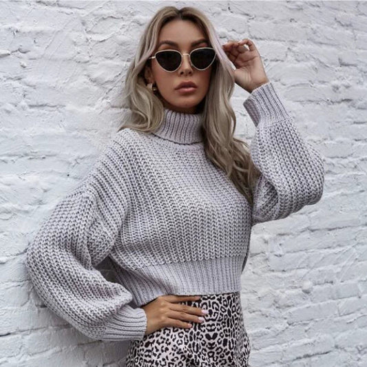 Cropped Women's Sweater with High Neck and Balloon Sleeves - Soft Wool Blend 1