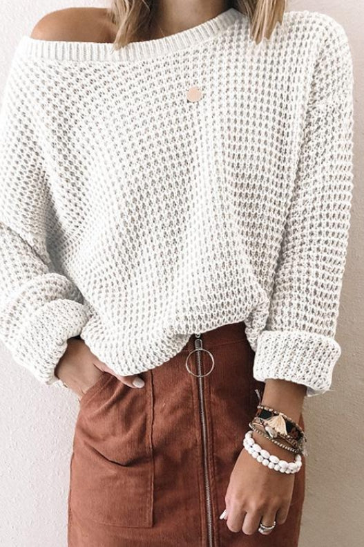 Womens Oversized Chunky Knit Sweater with Off-Shoulder Design – Warm Wool Blend 1