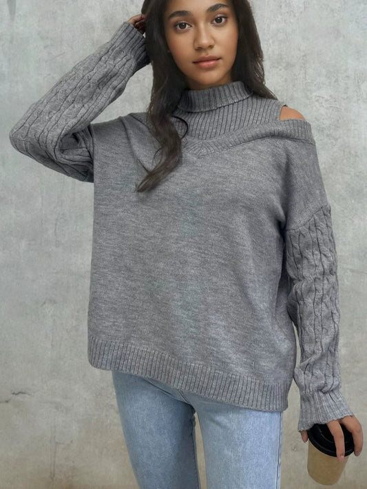 Off-Shoulder Cable Knit Women's Sweater with Lantern Sleeves – Cozy Fall Fashion 1