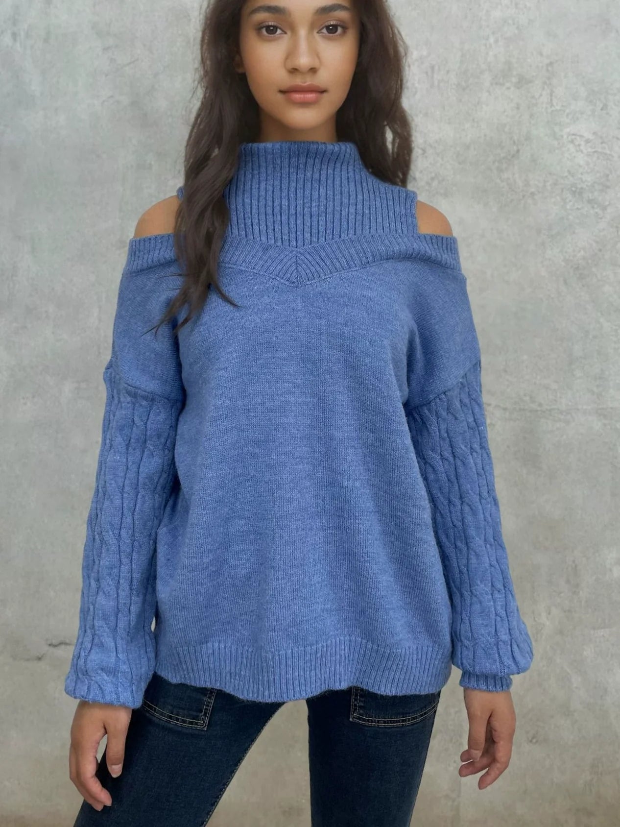Off-Shoulder Cable Knit Women's Sweater with Lantern Sleeves – Cozy Fall Fashion 3