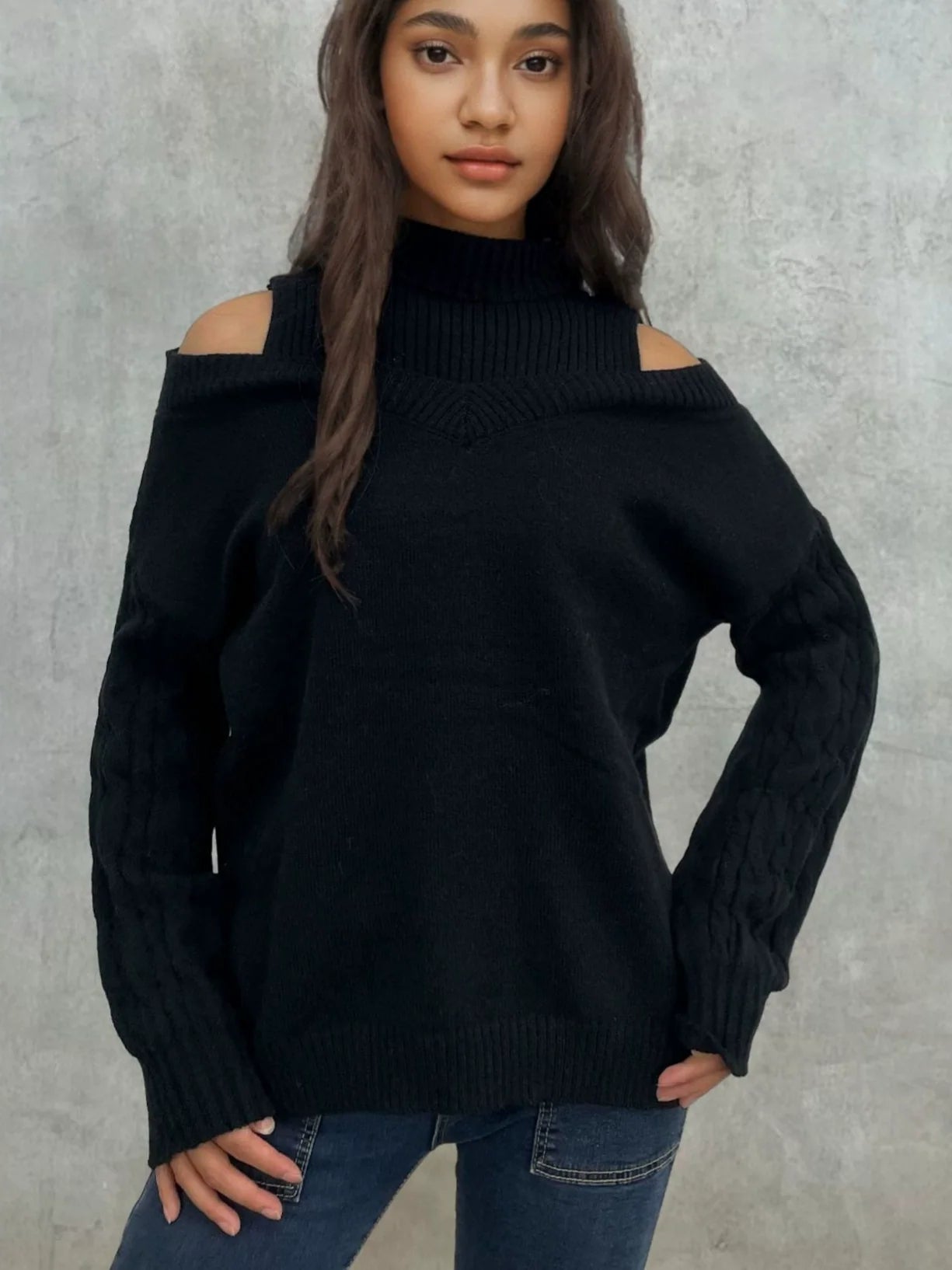 Off-Shoulder Cable Knit Women's Sweater with Lantern Sleeves – Cozy Fall Fashion 4