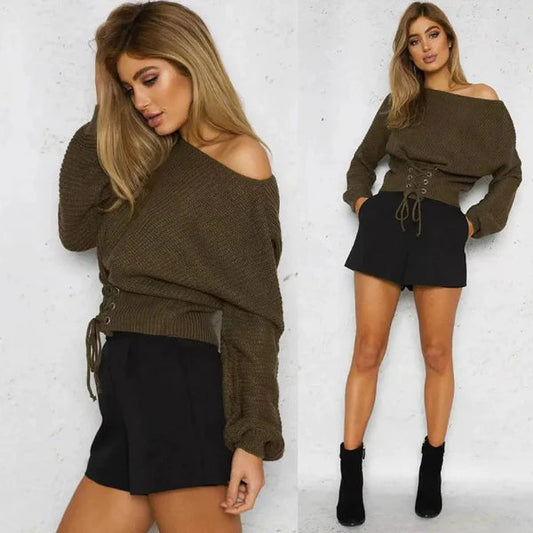Womens Off Shoulder Knitted Sweater with Tie Waist - Relaxed Fit Long Sleeve 1
