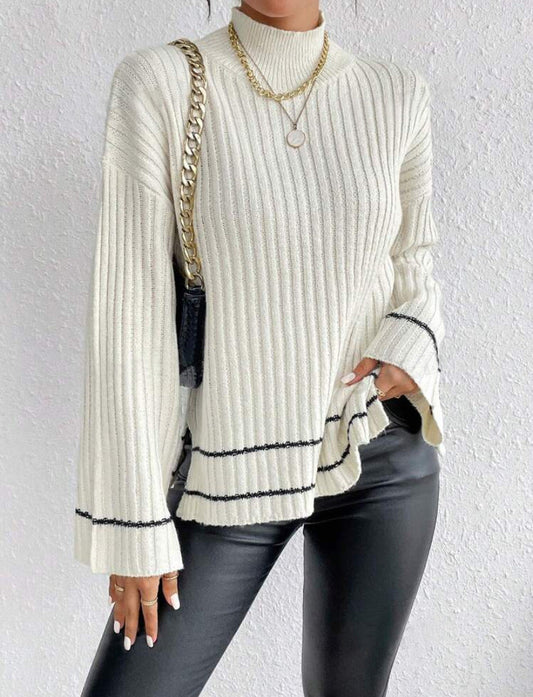 Oversized Women's Knitted Sweater with Ribbed Mock Neck and Flared Sleeves 1