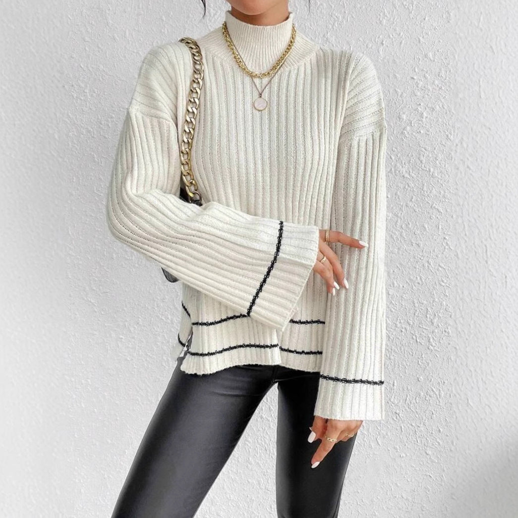 Oversized Women's Knitted Sweater with Ribbed Mock Neck and Flared Sleeves 3