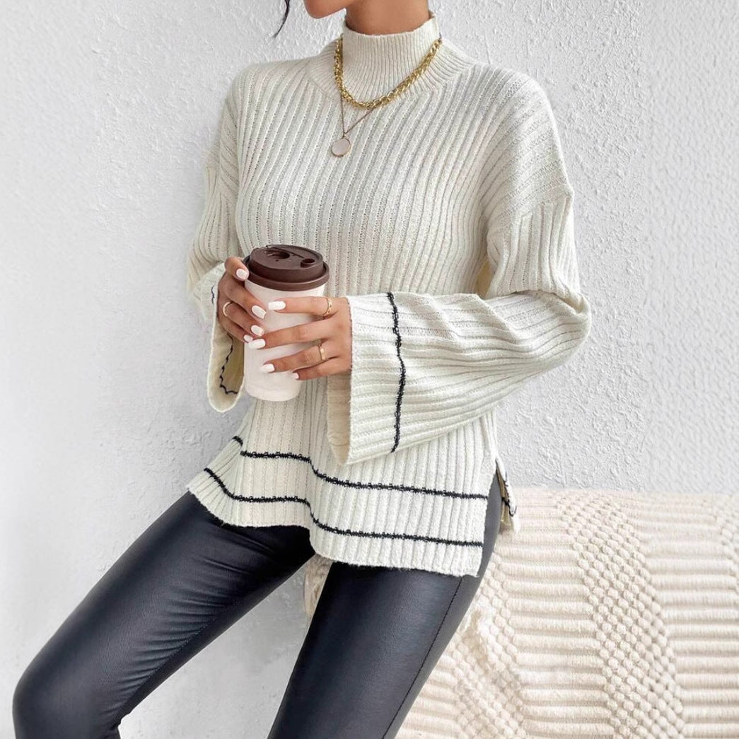 Oversized Women's Knitted Sweater with Ribbed Mock Neck and Flared Sleeves 4