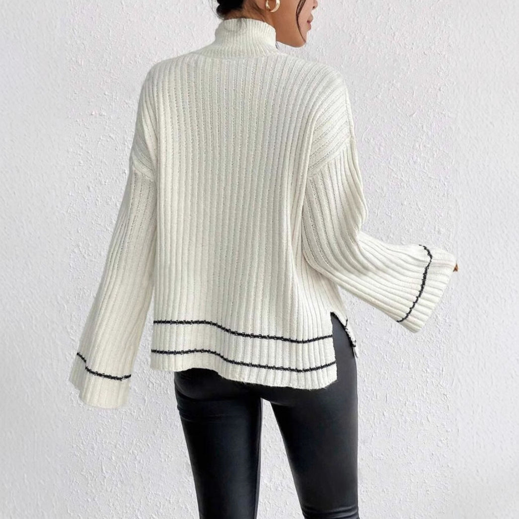Oversized Women's Knitted Sweater with Ribbed Mock Neck and Flared Sleeves 5