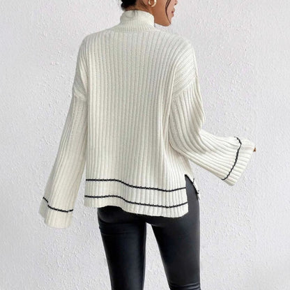 Oversized Women's Knitted Sweater with Ribbed Mock Neck and Flared Sleeves 5