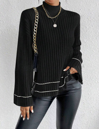 Oversized Women's Knitted Sweater with Ribbed Mock Neck and Flared Sleeves 6
