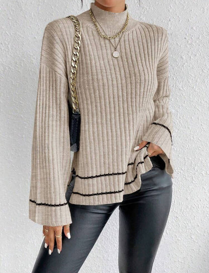 Oversized Women's Knitted Sweater with Ribbed Mock Neck and Flared Sleeves 7