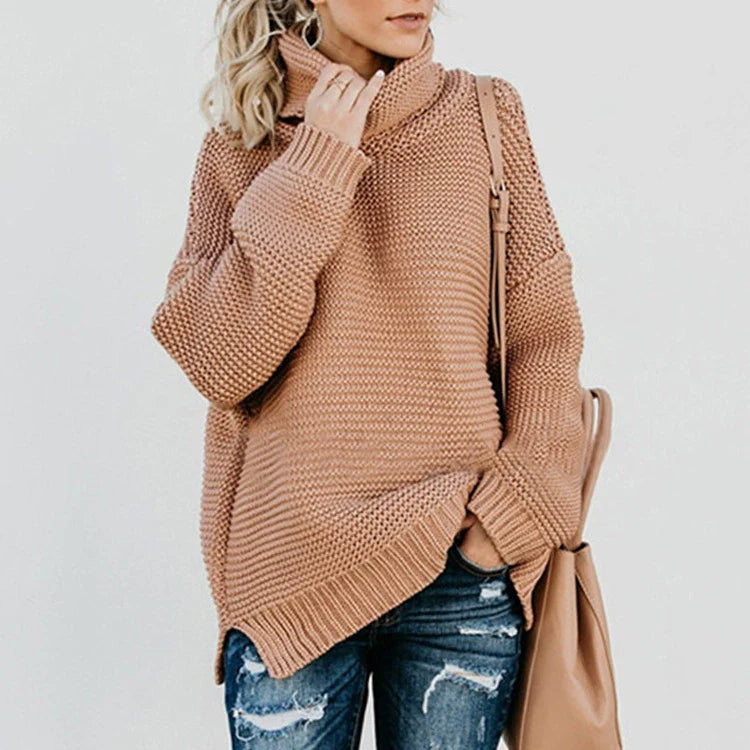 Oversized Women's Sweater with High Neck and Ribbed Texture - Cozy Long Sleeve 1