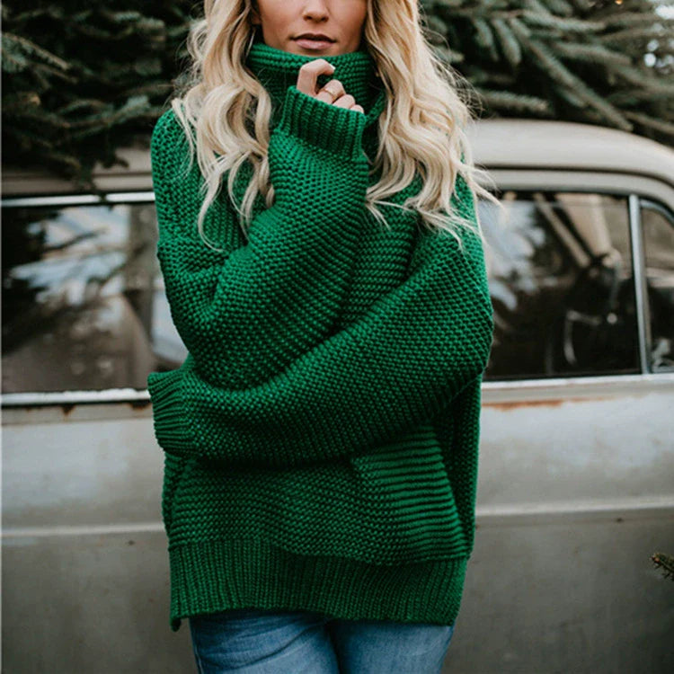 Oversized Women's Sweater with High Neck and Ribbed Texture - Cozy Long Sleeve 6