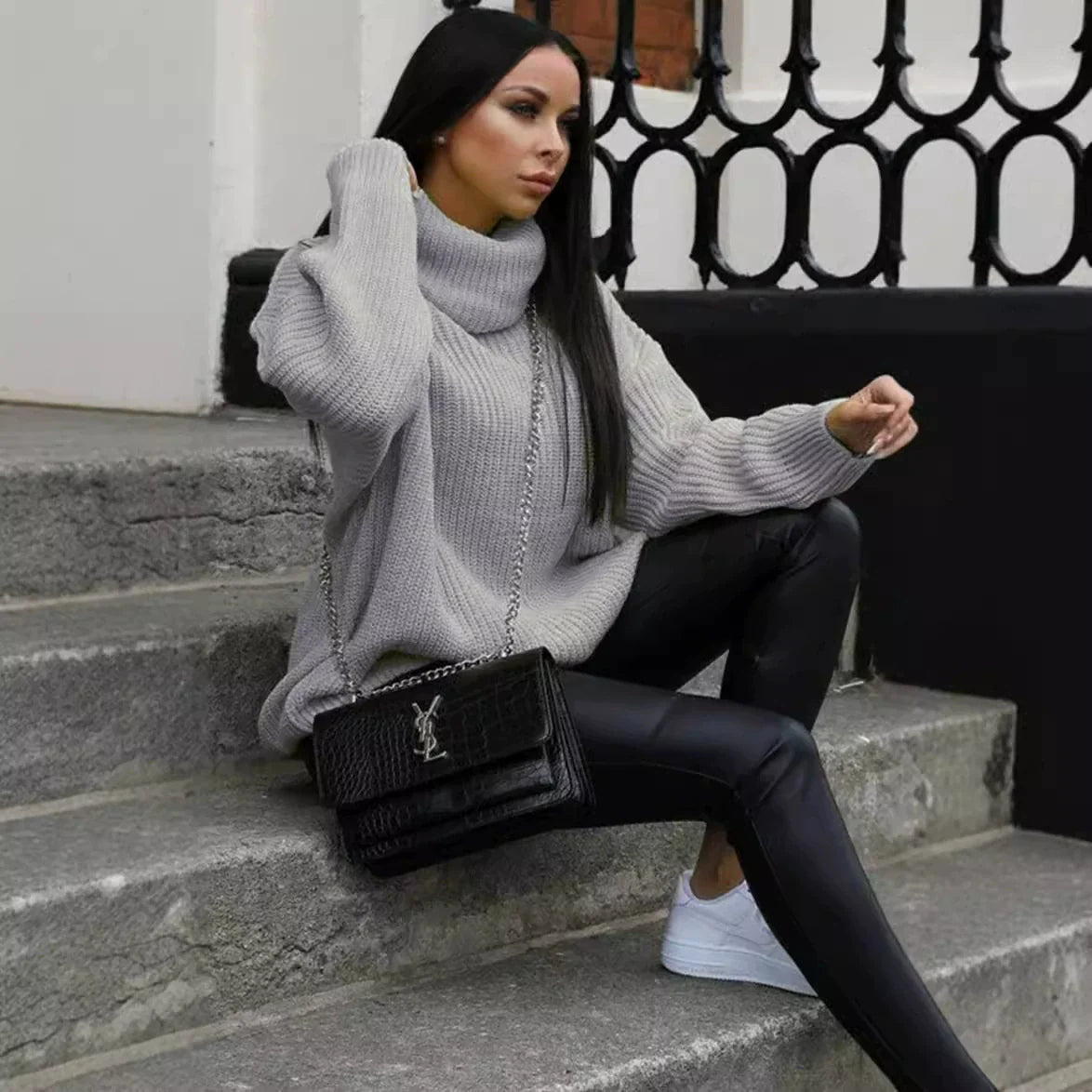 Women's Oversized Sweater, Soft Knit Turtleneck with Ribbed Sleeves - Cream 1