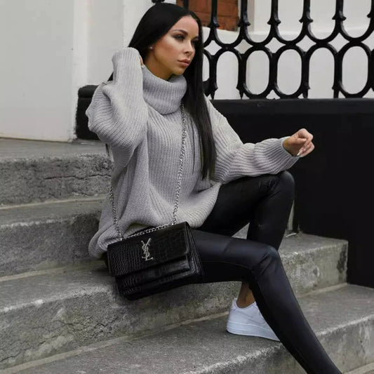 Women's Oversized Sweater, Soft Knit Turtleneck with Ribbed Sleeves - Cream 1