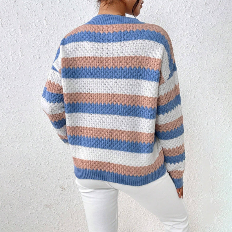 Womens Relaxed Fit Chunky Knit Striped Sweater 3