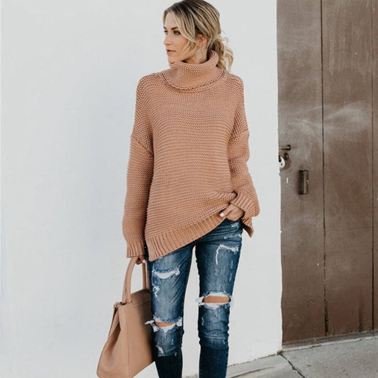 Womens Relaxed Fit Chunky Knit Sweater with Turtleneck and Ribbed Trim 1