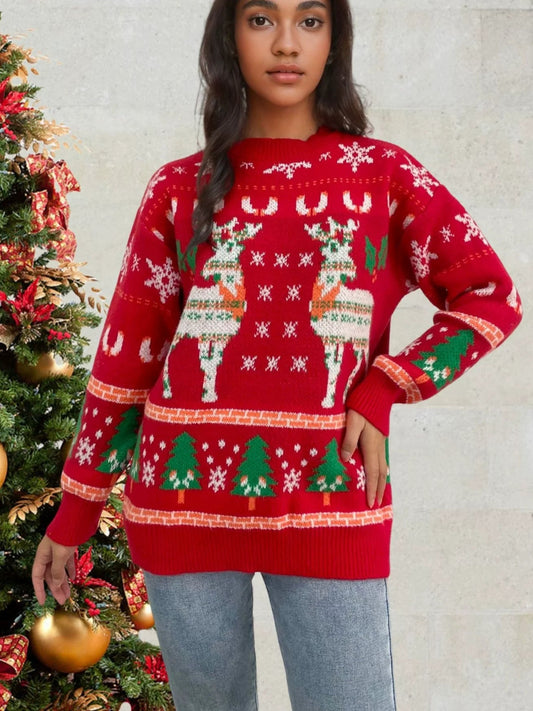 Womens Relaxed Fit Knitted Sweater - Wool Blend with Deer and Snowflake Design 1