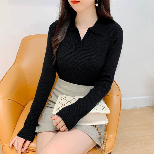 Women's Slim Fit Sweater with Lapel Collar and Ribbed Texture - Cream 1