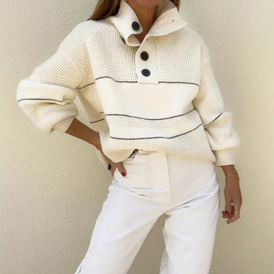 Women's Oversized Striped Sweater - Cozy High Neck Wool Blend Pullover 1