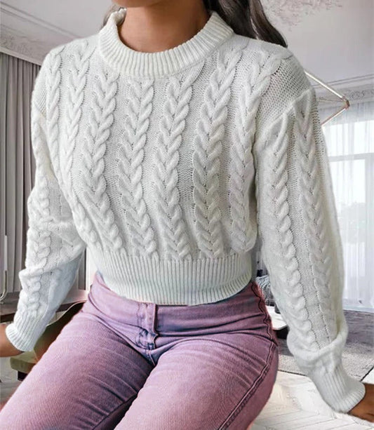 Womens Cropped Sweater Beige Wool Blend Cable Knit 1