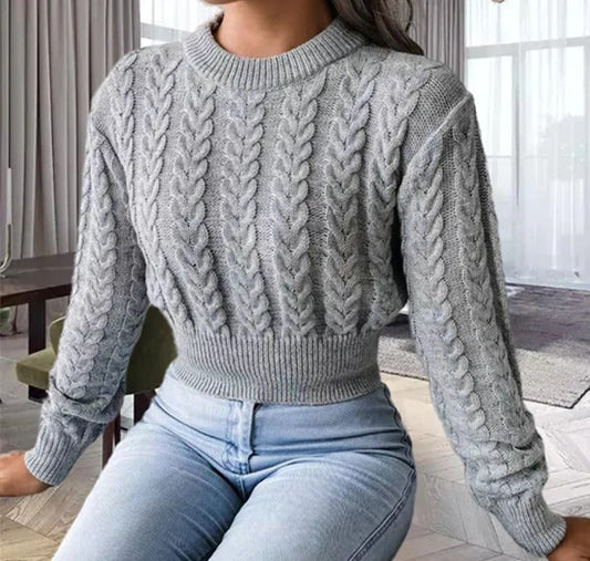 Womens Cropped Sweater Beige Wool Blend Cable Knit 2