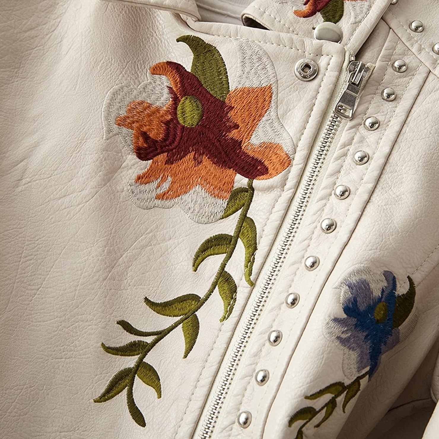 Women's Leather Jacket Black PU Embroidered Floral - 4