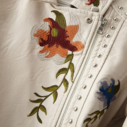 Women's Leather Jacket Black PU Embroidered Floral - 4