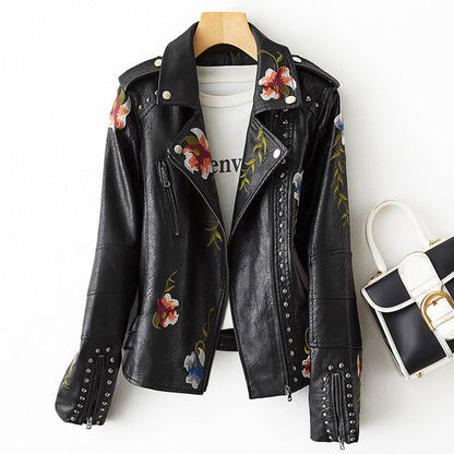 Women's Leather Jacket Black PU Embroidered Floral - 5