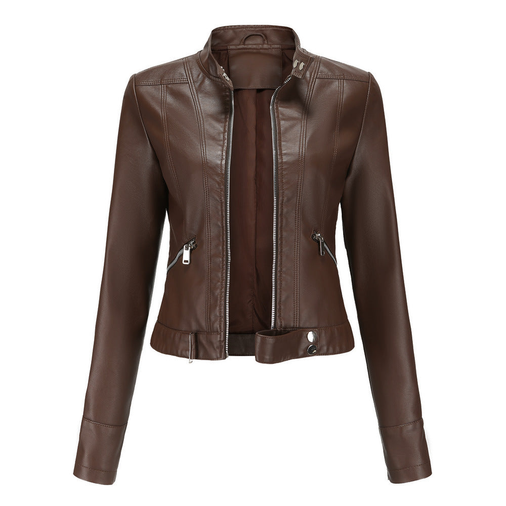 Women's Leather Jacket Black PU High Collar - 3