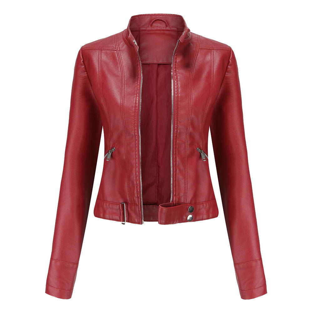 Women's Leather Jacket Black PU High Collar - 5