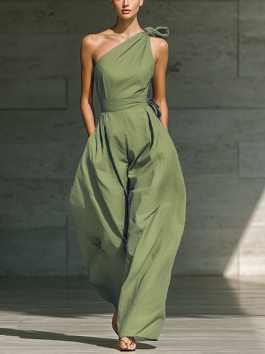 Women's Linen Blend One-Shoulder Wide-Leg Jumpsuit in Light Green – front view | Hensley London
