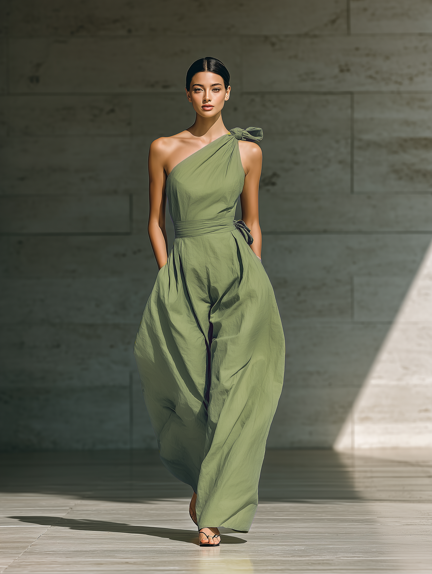 Women's Linen Blend One-Shoulder Wide-Leg Jumpsuit in Light Green – side view | Hensley London