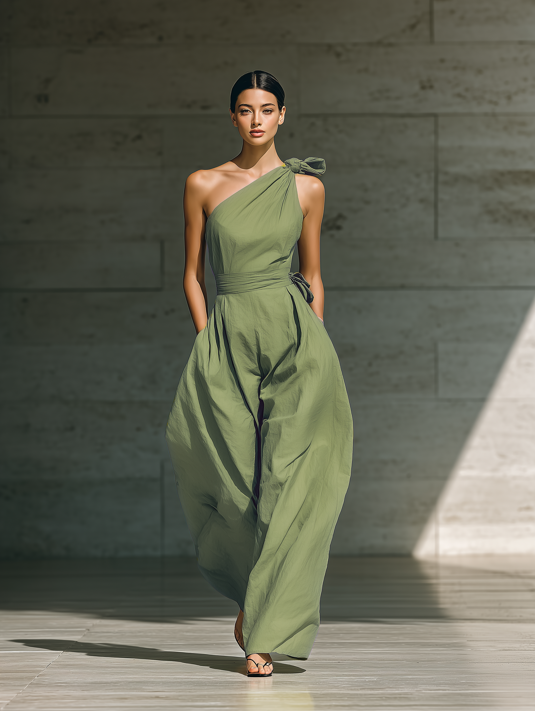 Women's Linen Blend One-Shoulder Wide-Leg Jumpsuit in Light Green – side view | Hensley London