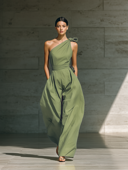 Women's Linen Blend One-Shoulder Wide-Leg Jumpsuit in Light Green – side view | Hensley London