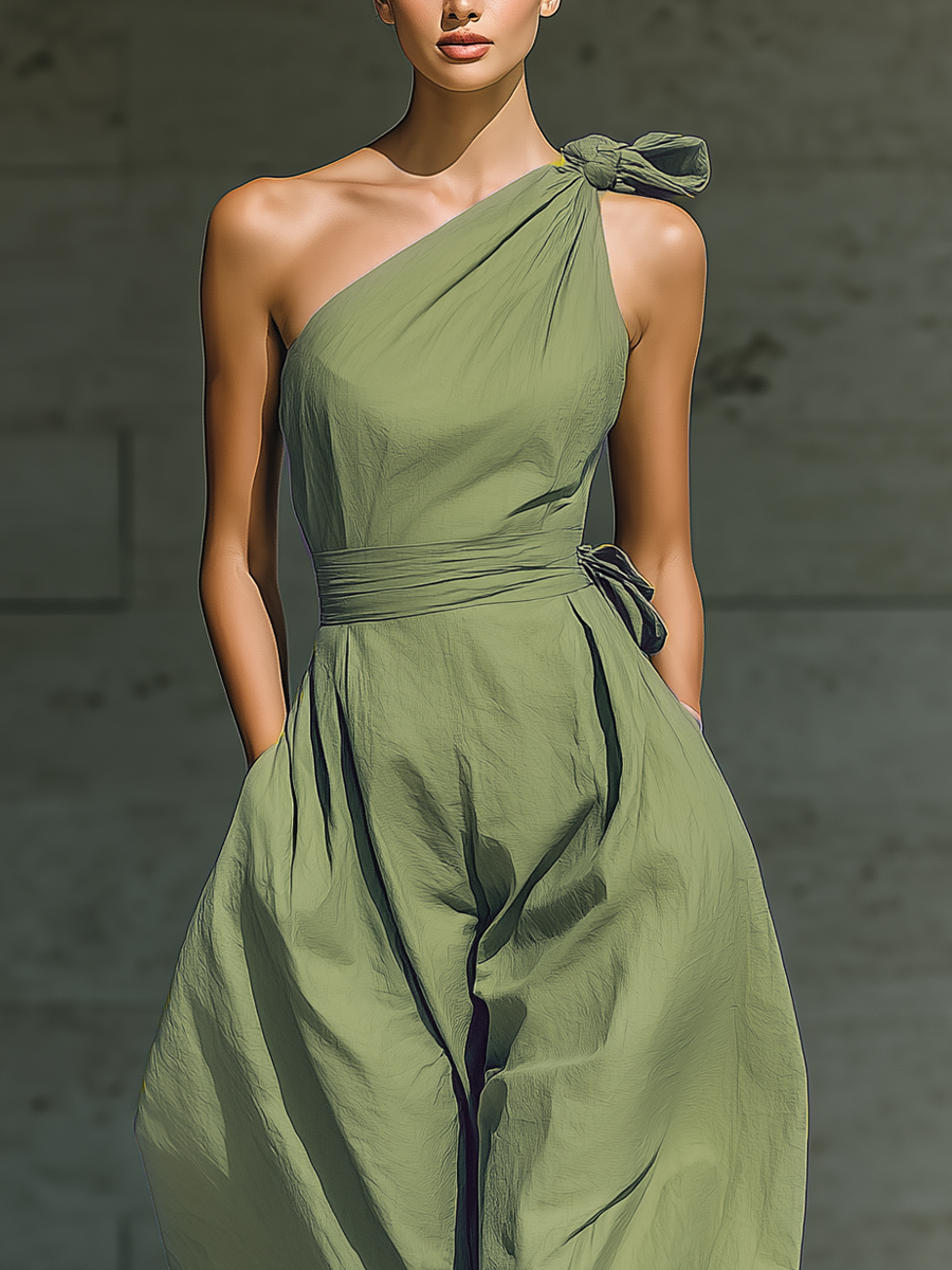 Women's Linen Blend One-Shoulder Wide-Leg Jumpsuit in Light Green – detail view | Hensley London