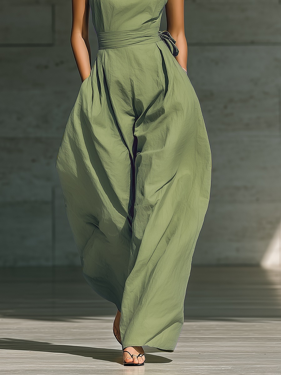 Women's Linen Blend One-Shoulder Wide-Leg Jumpsuit in Light Green – back view | Hensley London