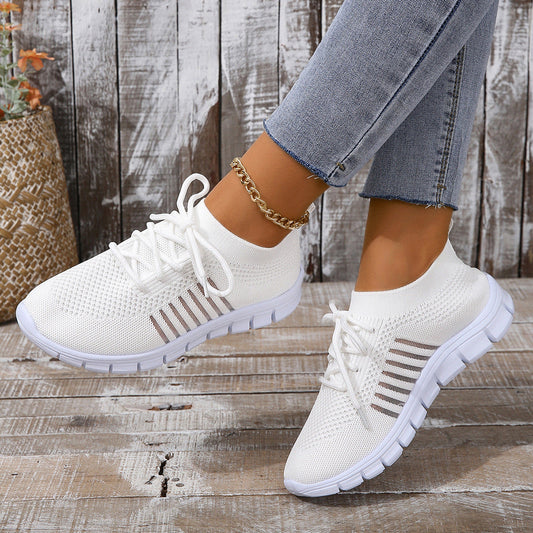 Women's Lightweight Flyknit Sneakers - Breathable Slip-On Design, Best Walking Shoes for Women, White Casual Footwear 0