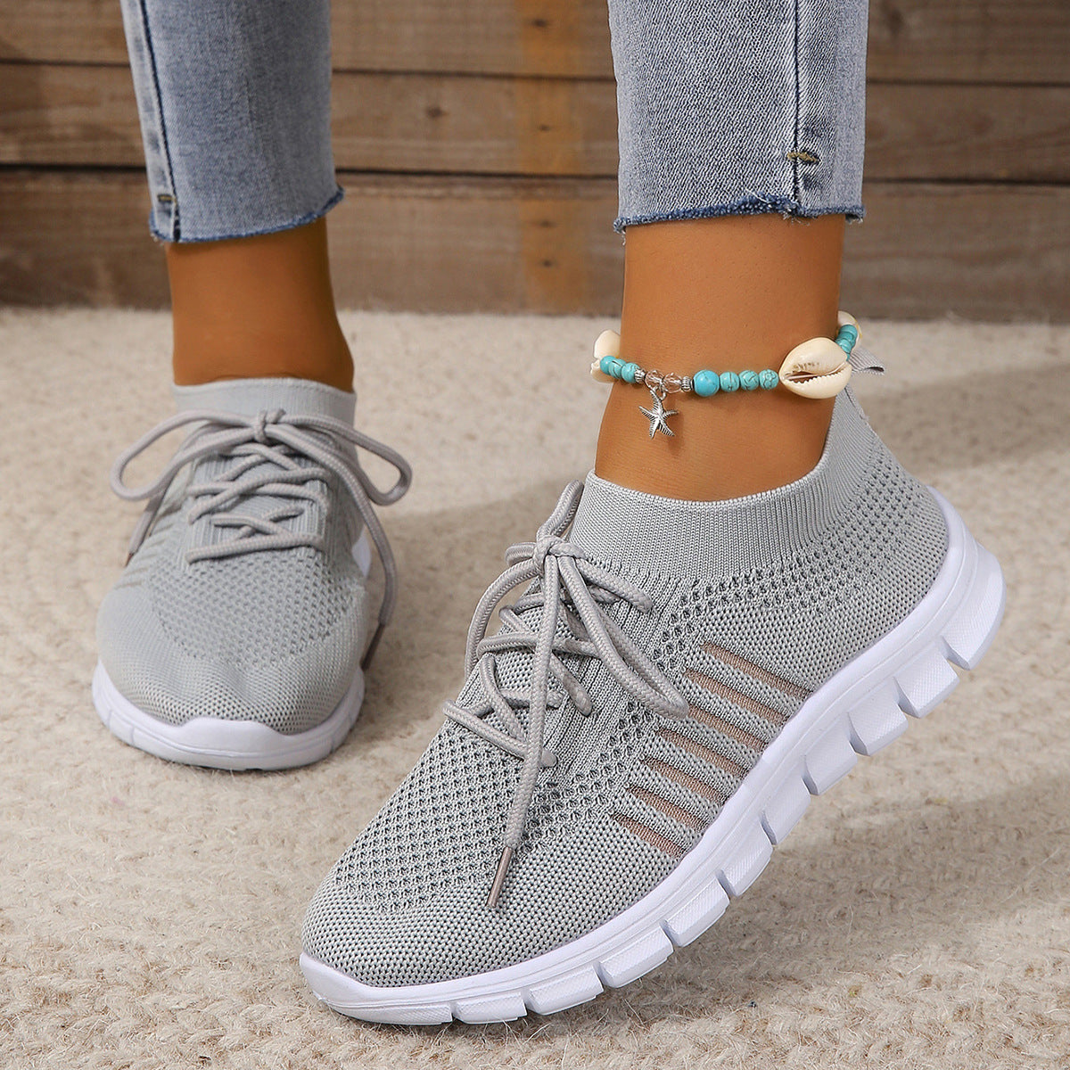 Women's Lightweight Flyknit Sneakers - Breathable Slip-On Design, Best Walking Shoes for Women, White Casual Footwear 8